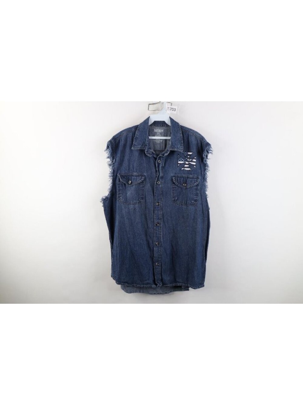 Vintage Y2K Mens 2XL Iron Cross Fire Flames Cut Off Denim Jean Button Shirt Blue